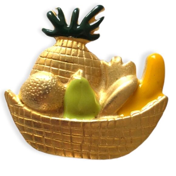 Tropical Fruit Salad Brooch Pin Gold Tone Pineapple Banana Pear Whimsical Enamel - Picture 7 of 16